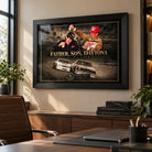 Bobby and Davey Allison NASCAR wall art displayed in a warm modern office setting with a black frame.