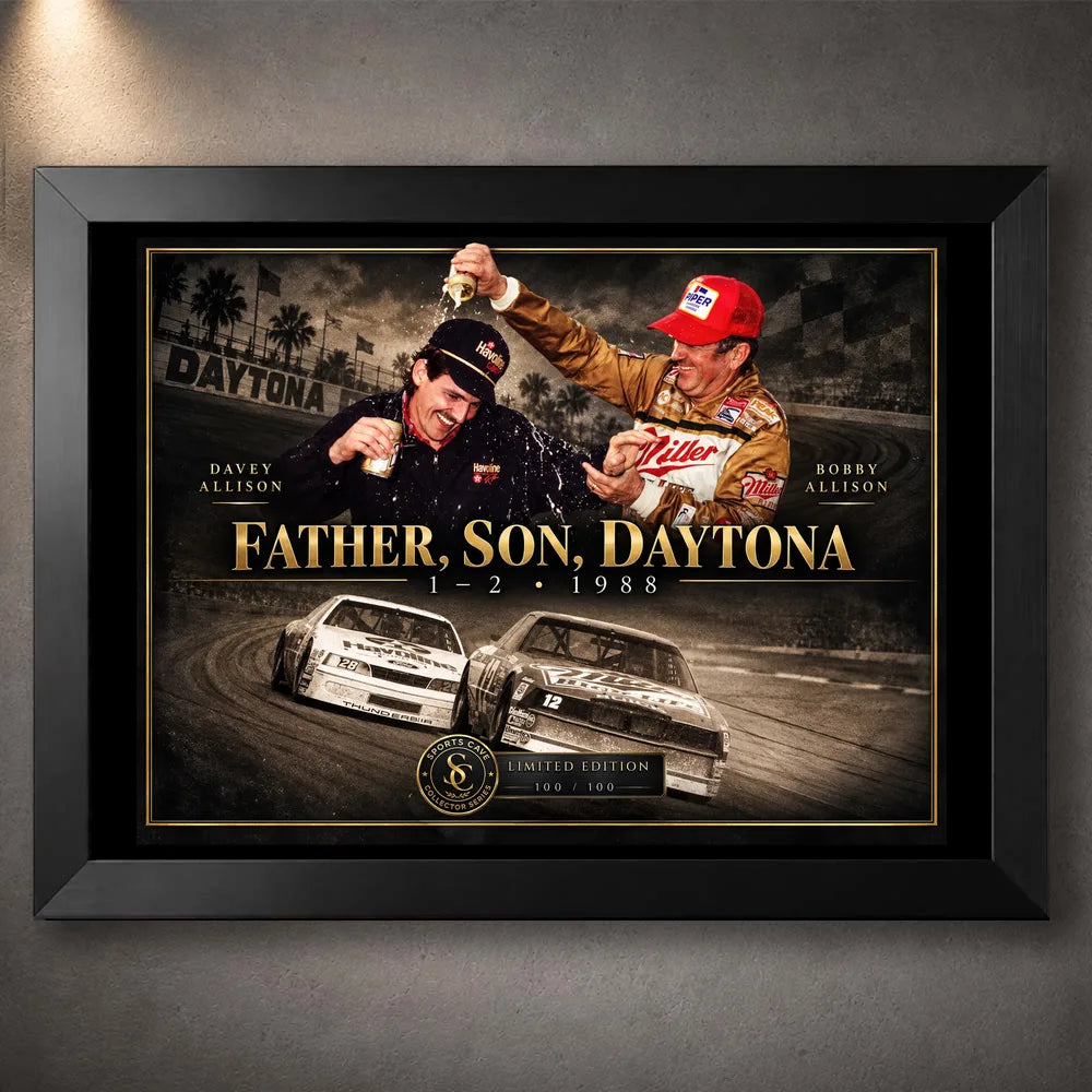 Black framed Bobby and Davey Allison Daytona motorsport wall art featuring the father-and-son racing tribute.