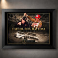 Black framed Bobby and Davey Allison Daytona motorsport wall art featuring the father-and-son racing tribute.