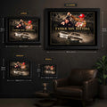 Bobby and Davey Allison wall art size guide showing Small, Medium, Large and XL framed dimensions.