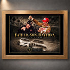 Oak framed Bobby and Davey Allison NASCAR wall art featuring the Father, Son, Daytona design.