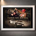 White framed Bobby and Davey Allison motorsport wall art featuring the Father, Son, Daytona design.