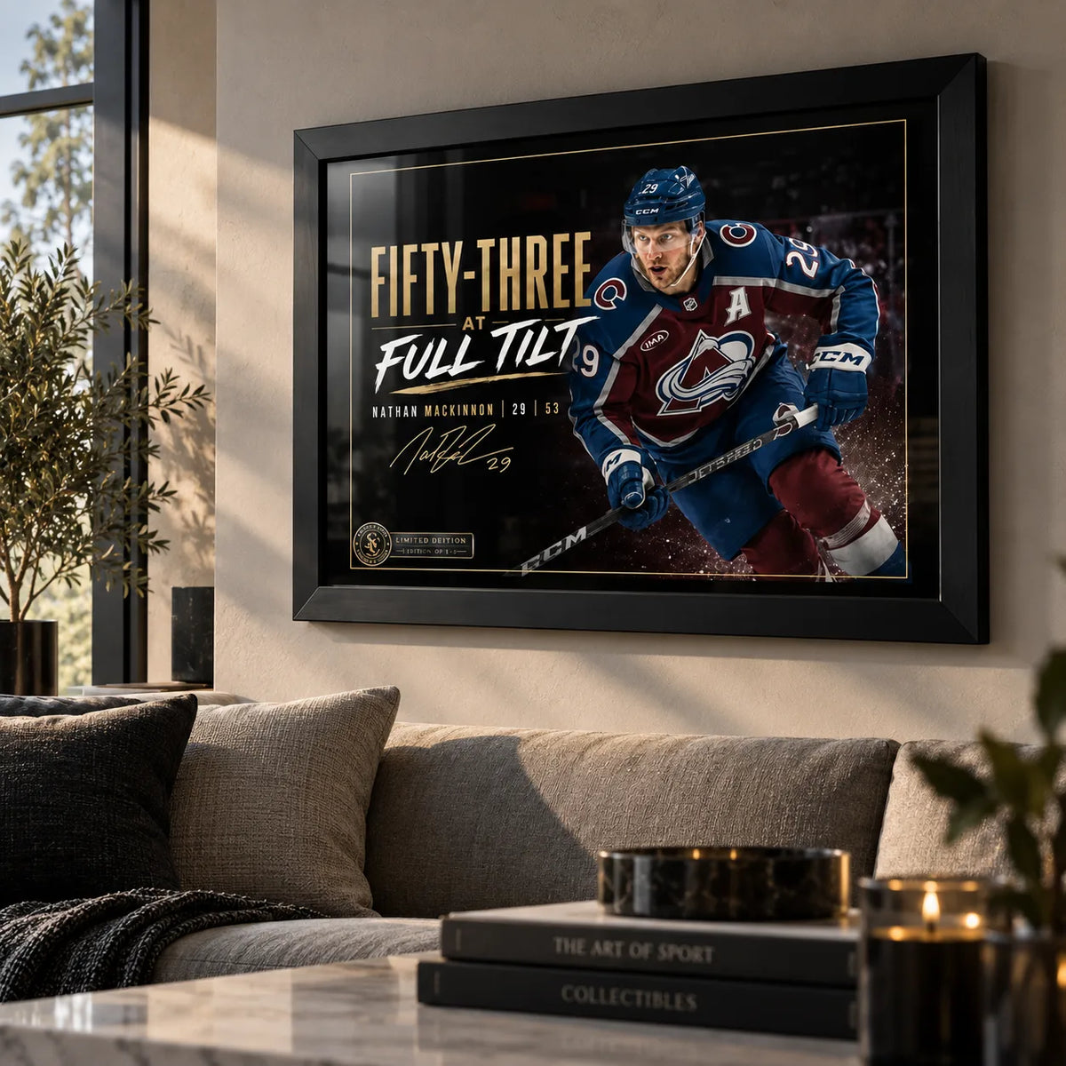 Nathan MacKinnon wall art in a contemporary living room, black framed above a neutral sofa with warm natural light.