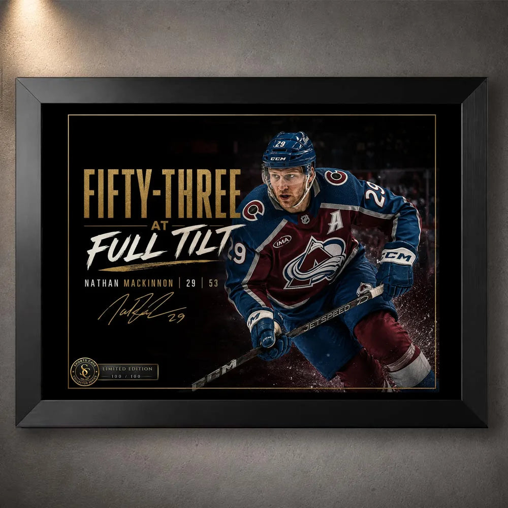 Black framed Fifty-Three at Full Tilt Nathan MacKinnon hockey wall art for a sports room or collector display.