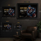 Nathan MacKinnon wall art size guide showing Small, Medium, Large and XL framed dimensions in centimetres and inches.