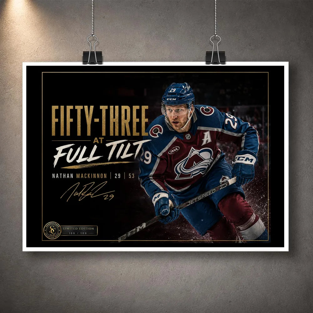 Unframed Fifty-Three at Full Tilt Nathan MacKinnon hockey wall art displayed with a white border and hanging clips.