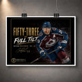 Unframed Fifty-Three at Full Tilt Nathan MacKinnon hockey wall art displayed with a white border and hanging clips.