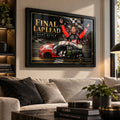 Kurt Busch Final Lap Lead wall art displayed in a bright living room above a neutral sofa in a black frame.