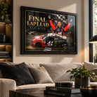 Kurt Busch Final Lap Lead wall art displayed in a bright living room above a neutral sofa in a black frame.