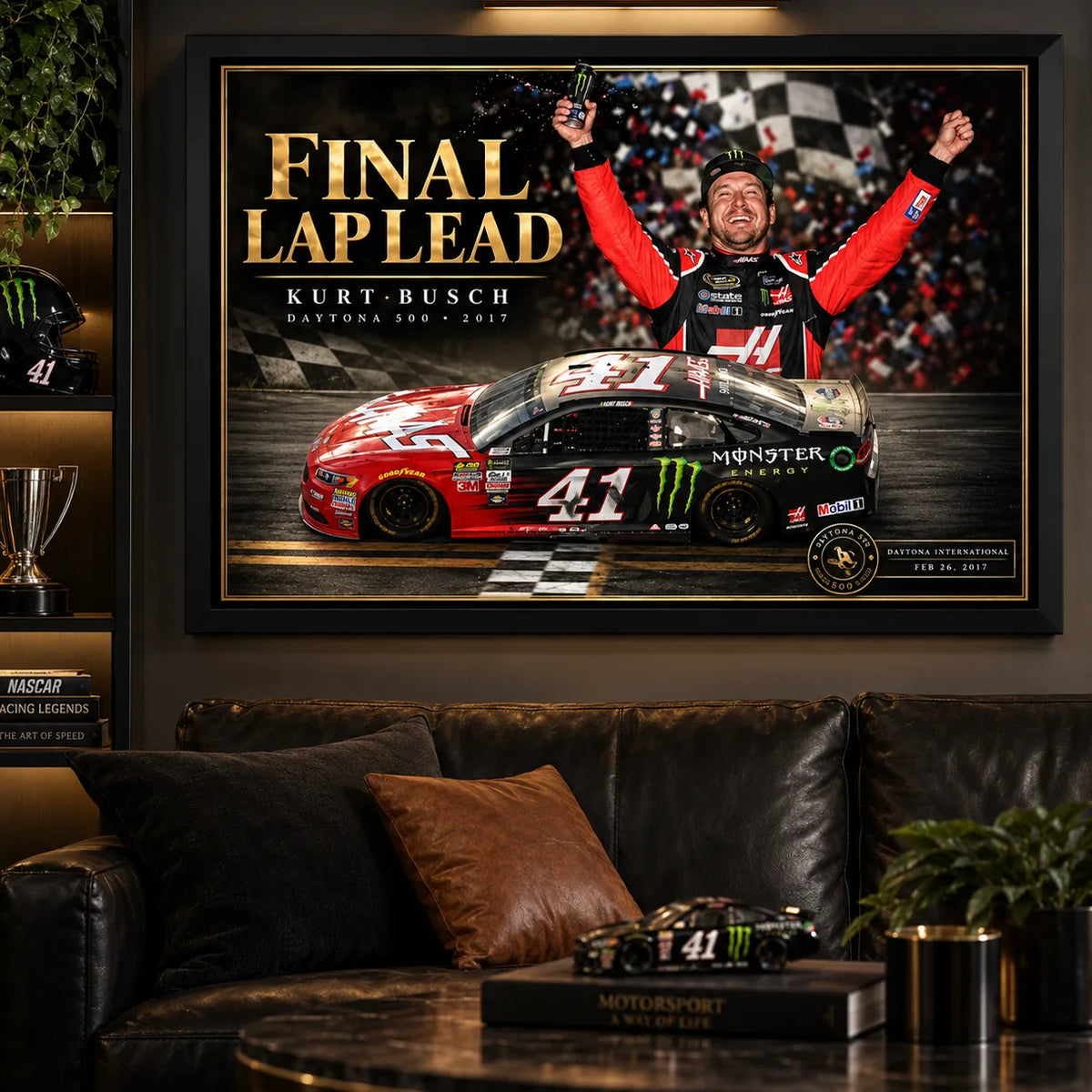 Kurt Busch Final Lap Lead wall art displayed in a dark motorsport man cave with black leather seating and racing decor.
