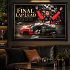 Kurt Busch Final Lap Lead wall art displayed in a dark motorsport man cave with black leather seating and racing decor.