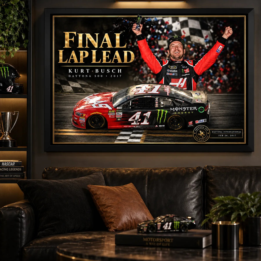 Kurt Busch Final Lap Lead wall art displayed in a dark motorsport man cave with black leather seating and racing decor.