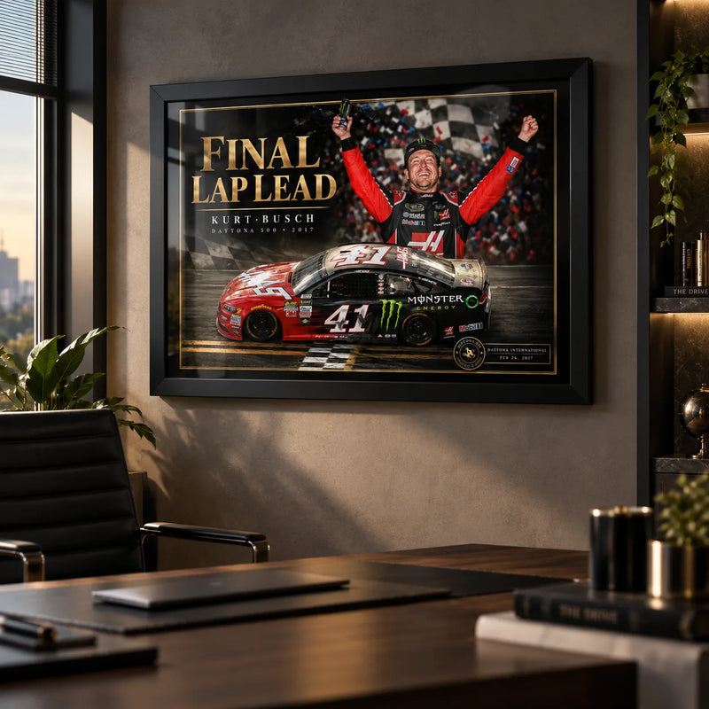 Kurt Busch NASCAR wall art displayed in a modern office, framed in black above a dark timber desk.