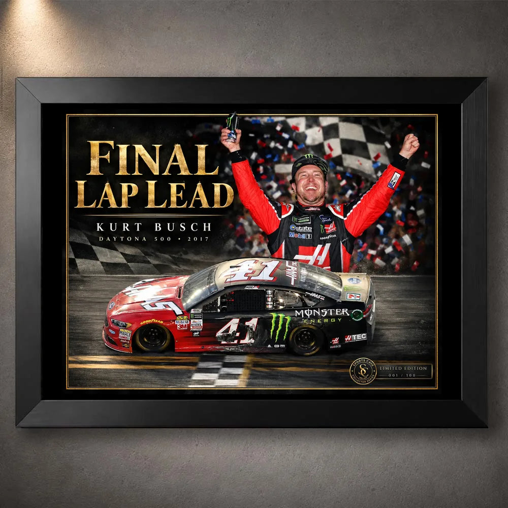 Black framed Kurt Busch NASCAR wall art featuring the Final Lap Lead design with red and black No. 41 race car.