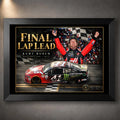 Black framed Kurt Busch NASCAR wall art featuring the Final Lap Lead design with red and black No. 41 race car.