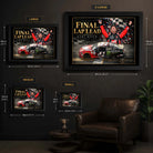 Kurt Busch wall art size guide showing framed options in XL, Large, Medium and Small dimensions.