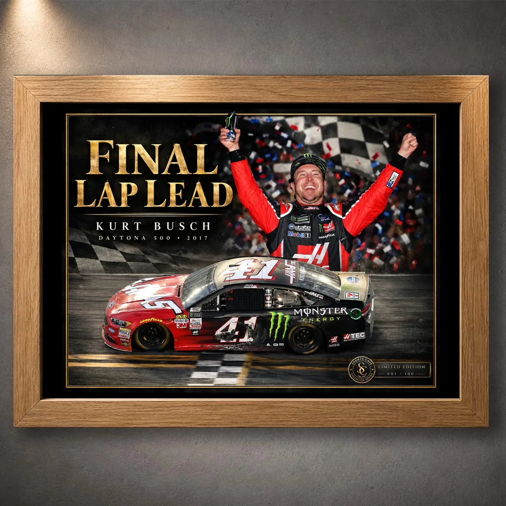 Oak framed Kurt Busch NASCAR wall art featuring the Final Lap Lead collector design.