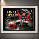 White framed Kurt Busch NASCAR wall art featuring the Final Lap Lead collector design.