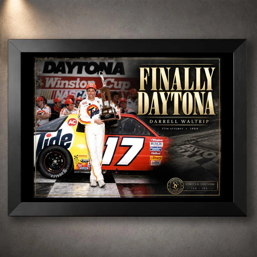Black framed Darrell Waltrip NASCAR wall art featuring the Finally Daytona tribute with the No. 17 Tide race car.
