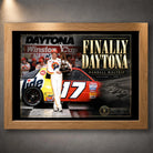 Oak framed Darrell Waltrip NASCAR wall art featuring the Finally Daytona tribute and No. 17 Tide race car.