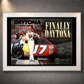 White framed Darrell Waltrip NASCAR wall art featuring the Finally Daytona tribute and No. 17 Tide race car.