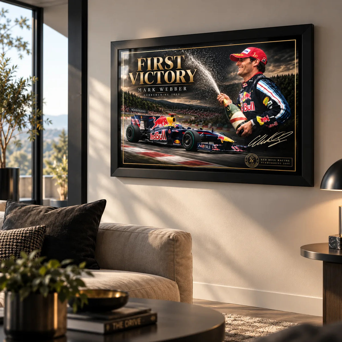 Mark Webber First Victory wall art displayed above a sofa in a bright contemporary living room with natural light.
