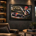 Mark Webber First Victory wall art displayed in a dark motorsport man cave with warm shelving and collector styling.