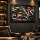 Mark Webber First Victory wall art displayed in a dark motorsport man cave with warm shelving and collector styling.
