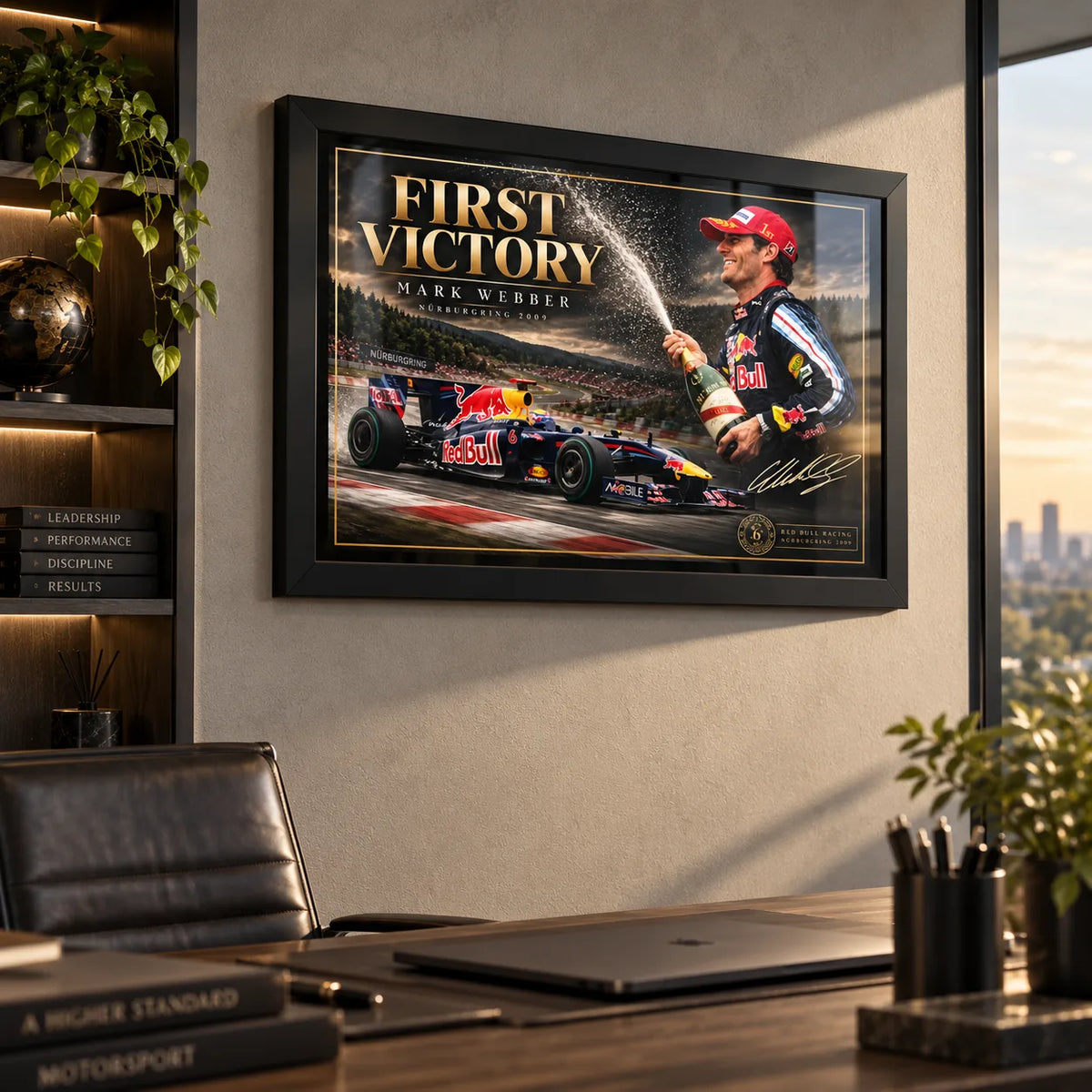 Mark Webber First Victory wall art displayed in a modern office with warm light and a clean motorsport collector setting.