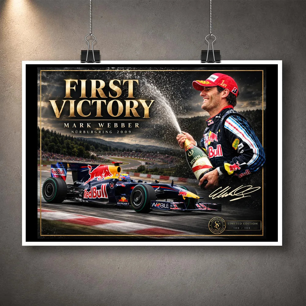 Unframed Mark Webber First Victory motorsport wall art design celebrating his breakthrough Formula One win at Nürburgring.