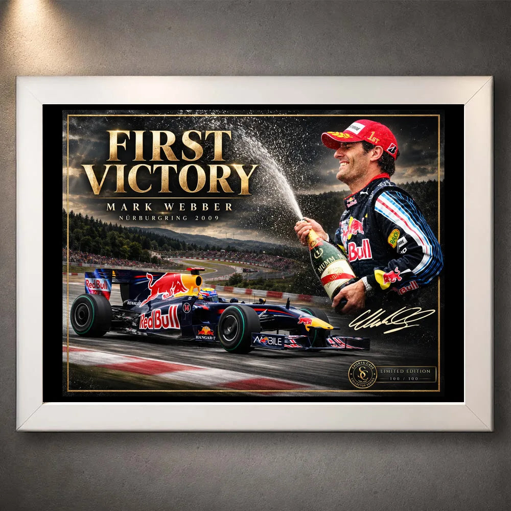 White framed Mark Webber First Victory motorsport wall art featuring the 2009 Nürburgring Formula One tribute.