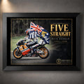 Black framed Mick Doohan Five Straight motorsport wall art featuring the Australian flag and Repsol Honda racing tribute.