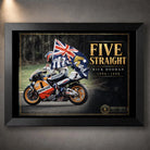 Black framed Mick Doohan Five Straight motorsport wall art featuring the Australian flag and Repsol Honda racing tribute.