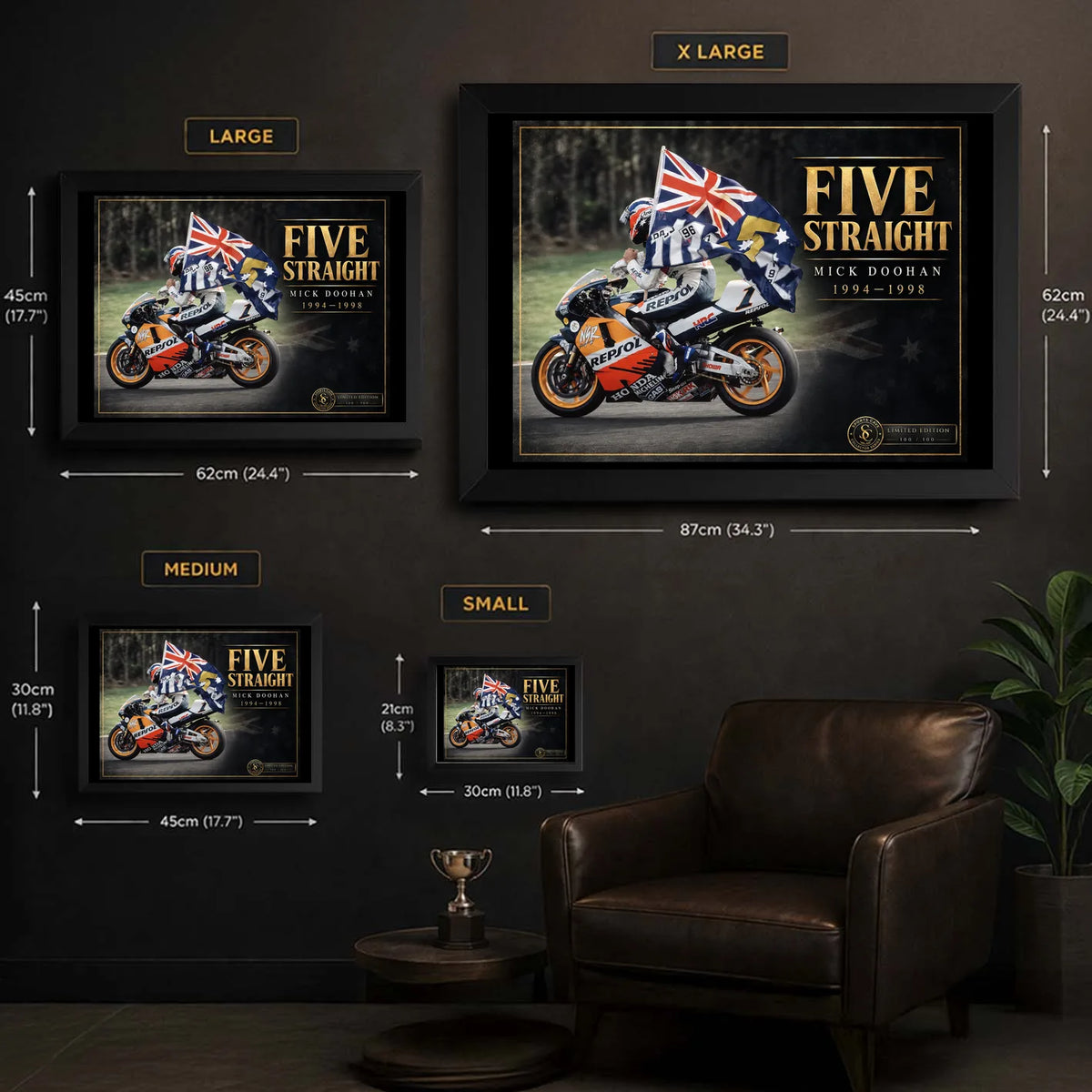 Mick Doohan Five Straight wall art size guide showing Small, Medium, Large and X Large framed dimensions.