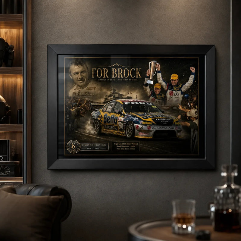 For Brock Bathurst 2006 framed sports memorabilia displayed in a dark man cave for V8 racing collectors.
