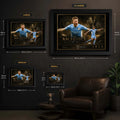 Kevin De Bruyne Manchester City soccer wall art size guide showing S, M, L and XL framed dimensions.