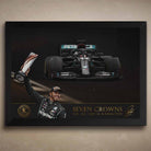 Framed formula One poster of a Lewis Hamilton Formula 1 car with 'Seven Crowns' text on a dark background.