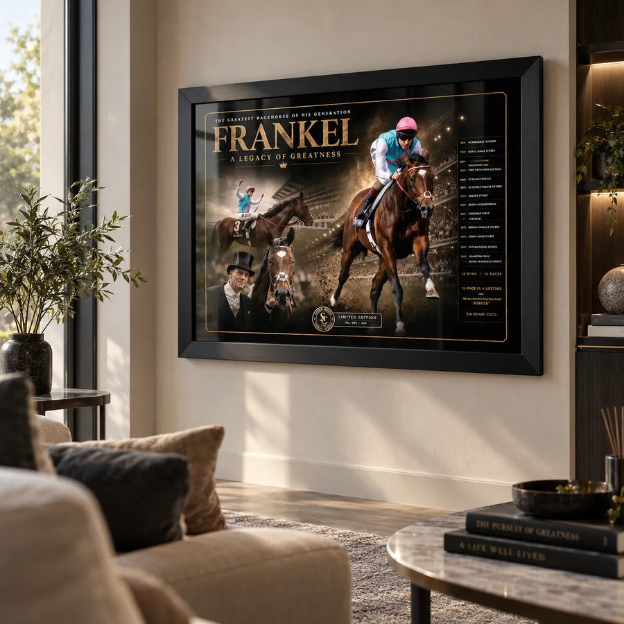 Frankel horse racing wall art in a black frame displayed on a contemporary living room wall with neutral furniture and greenery.