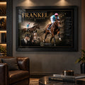 Frankel horse racing wall art in a black frame displayed in a dark man cave with leather seating and warm display lighting.
