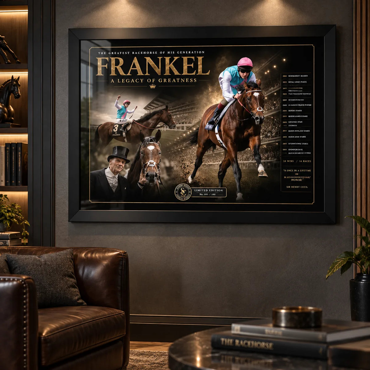 Frankel horse racing wall art in a black frame displayed in a dark man cave with leather seating and warm display lighting.