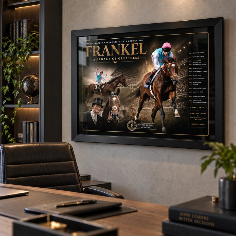 Frankel horse racing wall art in a black frame displayed above a modern office desk with dark wood and warm shelving.