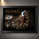 Frankel horse racing wall art in a black frame, featuring the unbeaten champion in a dark collector-style racing composition.