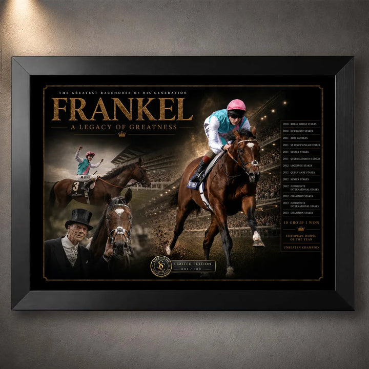 Frankel horse racing wall art in a black frame, featuring the unbeaten champion in a dark collector-style racing composition.