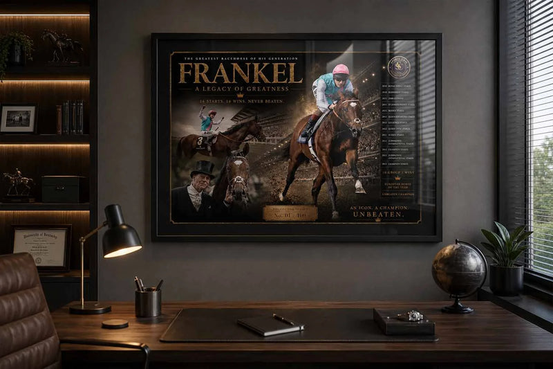 Frankel horse racing sports wall art in a modern office setup with elegant man cave wall décor styling.