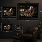 Frankel framed horse racing wall art size guide showing Small, Medium, Large and X Large dimensions in centimetres and inches.