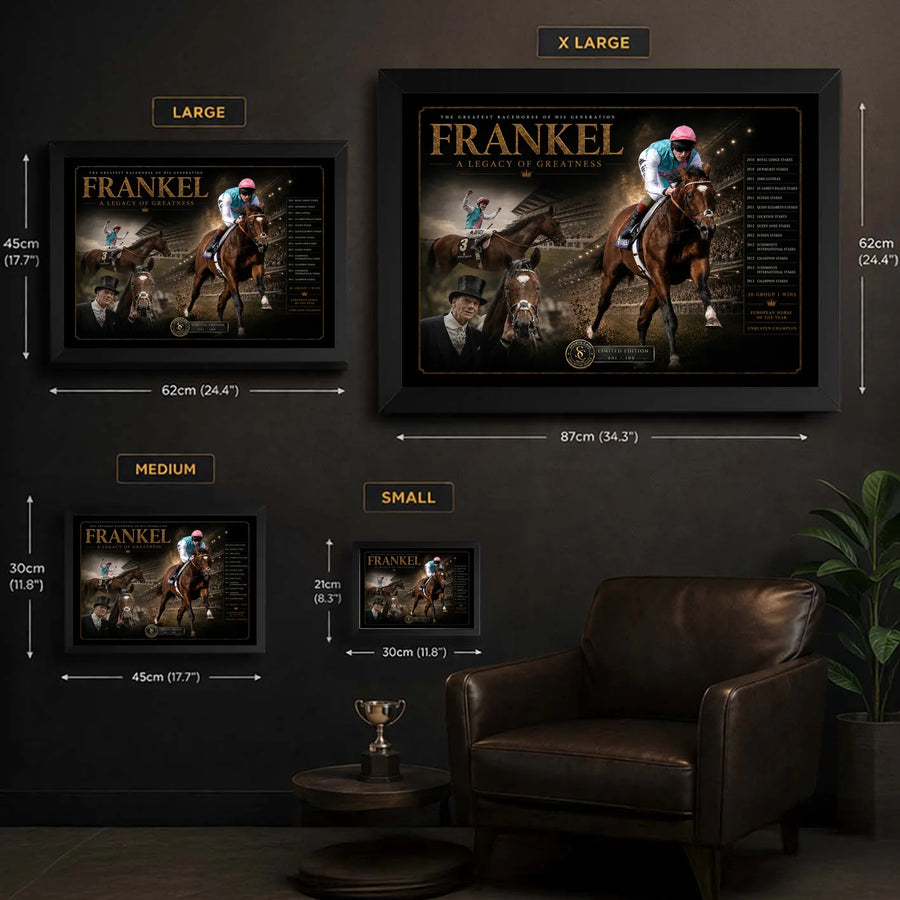 Frankel framed horse racing wall art size guide showing Small, Medium, Large and X Large dimensions in centimetres and inches.