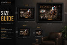 Frankel framed sports wall art size guide showing small, medium, large and extra large display options.