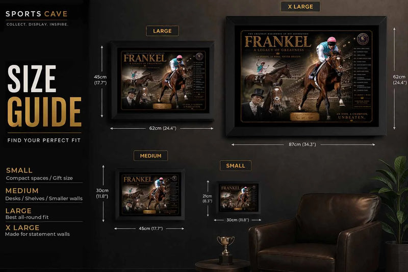 Frankel framed sports wall art size guide showing small, medium, large and extra large display options.