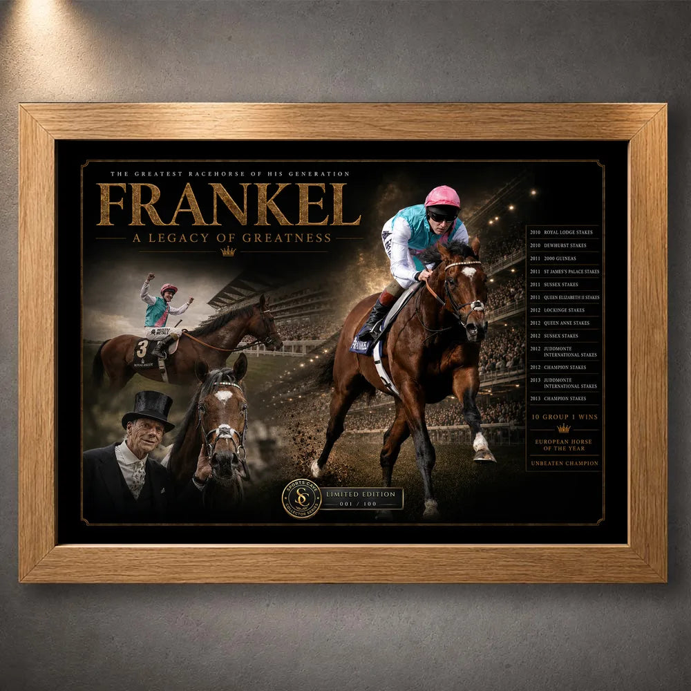 Frankel horse racing wall art in an oak frame, featuring the unbeaten champion in a dark collector-style racing composition.