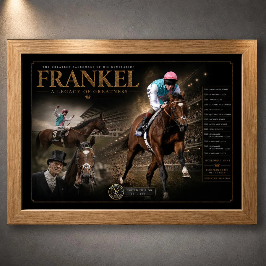 Frankel horse racing wall art in an oak frame, featuring the unbeaten champion in a dark collector-style racing composition.